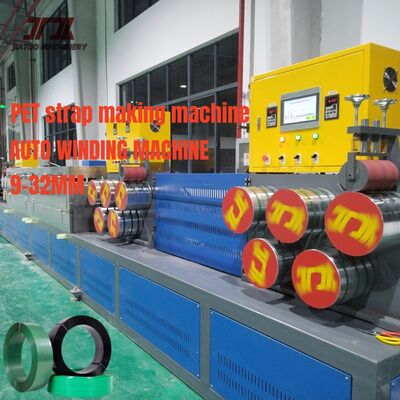 Macchina per la fabbricazione di strisce in PET larghezza 9-32 mm con doppia stazione di avvolgimento e capacità 220-250 kg/h